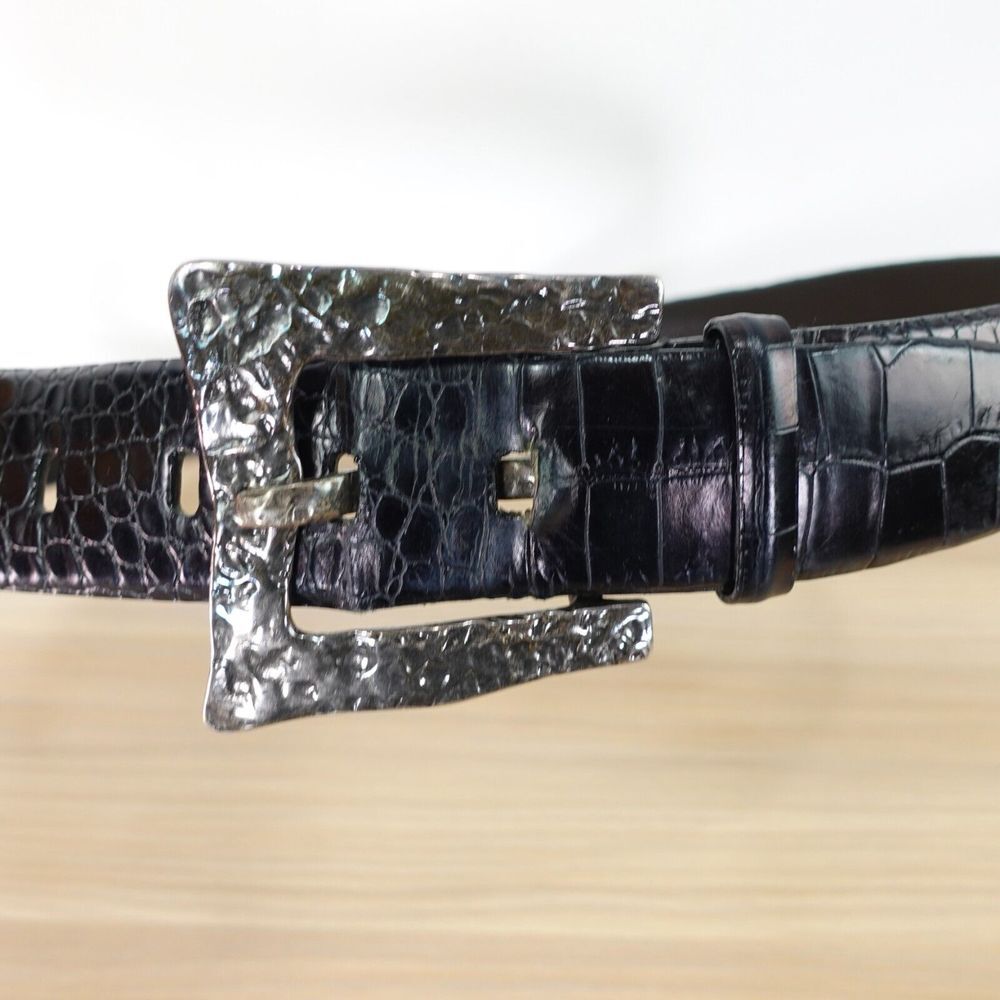 VINTAGE Black Crocodile Belt M Y2K Goth Punk Genuine Leather Italian Buckle USA